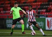 3 May 2021; James Akintunde of Derry City in action against Karl O'Sullivan of Finn Harps during the SSE Airtricity League Premier Division match between Derry City and Finn Harps at Ryan McBride Brandywell Stadium in Derry. Photo by Stephen McCarthy/Sportsfile