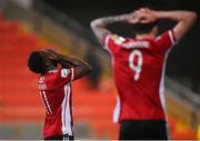 3 May 2021; James Akintunde, left, and David Parkhouse of Derry City reacts after a missed opportunity on goal during the SSE Airtricity League Premier Division match between Derry City and Finn Harps at Ryan McBride Brandywell Stadium in Derry. Photo by Stephen McCarthy/Sportsfile