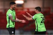 3 May 2021; Adam Foley, left, and Tony McNamee of Finn Harps celebrate after the SSE Airtricity League Premier Division match between Derry City and Finn Harps at Ryan McBride Brandywell Stadium in Derry. Photo by Stephen McCarthy/Sportsfile