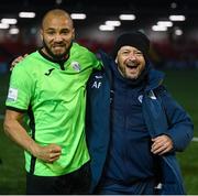 3 May 2021; Ethan Boyle of Finn Harps and Finn Harps assistant coach Andrew Foley celebrate after the SSE Airtricity League Premier Division match between Derry City and Finn Harps at Ryan McBride Brandywell Stadium in Derry. Photo by Stephen McCarthy/Sportsfile