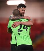 3 May 2021; Adam Foley, left, and Ethan Boyle of Finn Harps celebrate after the SSE Airtricity League Premier Division match between Derry City and Finn Harps at Ryan McBride Brandywell Stadium in Derry. Photo by Stephen McCarthy/Sportsfile