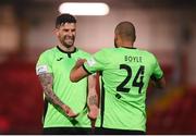 3 May 2021; Adam Foley, left, and Ethan Boyle of Finn Harps celebrate after the SSE Airtricity League Premier Division match between Derry City and Finn Harps at Ryan McBride Brandywell Stadium in Derry. Photo by Stephen McCarthy/Sportsfile