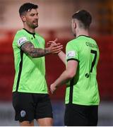 3 May 2021; Adam Foley, left, and Karl O'Sullivan of Finn Harps celebrate after the SSE Airtricity League Premier Division match between Derry City and Finn Harps at Ryan McBride Brandywell Stadium in Derry. Photo by Stephen McCarthy/Sportsfile