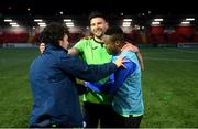 3 May 2021; Adam Foley of Finn Harps celebrates with team-mates Barry McNamee, left, and Babatunde Owolabi after the SSE Airtricity League Premier Division match between Derry City and Finn Harps at Ryan McBride Brandywell Stadium in Derry. Photo by Stephen McCarthy/Sportsfile