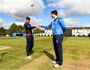 4 May 2021; Northern Knights captain Harry Tector, left, with Leinster Lightning captain George Dockrell at the coin toss before the Inter-Provincial Cup 2021 match between Leinster Lightning and Northern Knights at Pembroke Cricket Club in Dublin. Photo by Matt Browne/Sportsfile