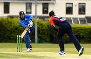 4 May 2021; Jamie Grassi of Leinster Lightning is bowled a delivery by Ruan Pretorius of Northern Knights during the Inter-Provincial Cup 2021 match between Leinster Lightning and Northern Knights at Pembroke Cricket Club in Dublin. Photo by Matt Browne/Sportsfile