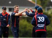 4 May 2021; Graeme McCarter of Northern Knights celebrates with his team-mates after catching out Jack Tector of Leinster Lightning during the Inter-Provincial Cup 2021 match between Leinster Lightning and Northern Knights at Pembroke Cricket Club in Dublin. Photo by Matt Browne/Sportsfile