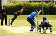 4 May 2021; Ben White of Northern Knights bowls to Jamie Grassi of Leinster Lightning during the Inter-Provincial Cup 2021 match between Leinster Lightning and Northern Knights at Pembroke Cricket Club in Dublin. Photo by Matt Browne/Sportsfile