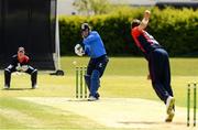 4 May 2021; Jamie Grassi of Leinster Lightning delivers a bowl to Mark Adar of Northern Knights  during the Inter-Provincial Cup 2021 match between Leinster Lightning and Northern Knights at Pembroke Cricket Club in Dublin. Photo by Matt Browne/Sportsfile