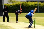 4 May 2021; Luke Georgeson of Northern Knights bowls a delivery to Jamie Grassi of Leinster Lightning during the Inter-Provincial Cup 2021 match between Leinster Lightning and Northern Knights at Pembroke Cricket Club in Dublin. Photo by Matt Browne/Sportsfile