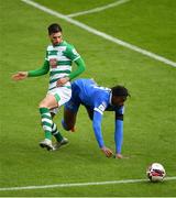 3 May 2021; Danny Mandroiu of Shamrock Rovers in action against Tunmise Sobowale of Waterford during the SSE Airtricity League Premier Division match between Shamrock Rovers and Waterford at Tallaght Stadium in Dublin. Photo by Seb Daly/Sportsfile