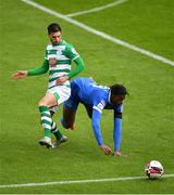 3 May 2021; Danny Mandroiu of Shamrock Rovers in action against Tunmise Sobowale of Waterford during the SSE Airtricity League Premier Division match between Shamrock Rovers and Waterford at Tallaght Stadium in Dublin. Photo by Seb Daly/Sportsfile