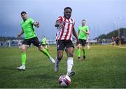 3 May 2021; James Akintunde of Derry City in action against Kosovar Sadiki of Finn Harps during the SSE Airtricity League Premier Division match between Derry City and Finn Harps at the Ryan McBride Brandywell Stadium in Derry. Photo by Stephen McCarthy/Sportsfile