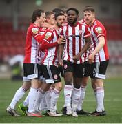 3 May 2021; Derry City players celebrate after James Akintunde, centre, scored their goal during the SSE Airtricity League Premier Division match between Derry City and Finn Harps at the Ryan McBride Brandywell Stadium in Derry. Photo by Stephen McCarthy/Sportsfile