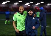 3 May 2021; Finn Harps coach Alan Henry, right, and Ethan Boyle celebrate following the SSE Airtricity League Premier Division match between Derry City and Finn Harps at the Ryan McBride Brandywell Stadium in Derry. Photo by Stephen McCarthy/Sportsfile