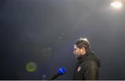 3 May 2021; Derry City manager Ruaidhri Higgins speaks to RTÉ following the SSE Airtricity League Premier Division match between Derry City and Finn Harps at the Ryan McBride Brandywell Stadium in Derry. Photo by Stephen McCarthy/Sportsfile