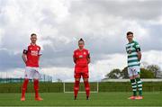 5 May 2021; St. Patrick's Athletic captain Ian Bermingham, left, Shelbourne captain Pearl Slattery and Shamrock Rovers captain Ronan Finn at the launch of the Head in the Game captain's armband initiative at the FAI National Training Centre in Abbotstown, Dublin. Photo by Ramsey Cardy/Sportsfile