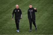 3 May 2021; Derry City coach Conor Loughrey, right, and kitman Georgie Hegarty during the SSE Airtricity League Premier Division match between Derry City and Finn Harps at the Ryan McBride Brandywell Stadium in Derry. Photo by Stephen McCarthy/Sportsfile