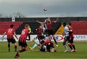 3 May 2021; Aaron O'Driscoll of Longford Town in action against Andy Boyle of Dundalk during the SSE Airtricity League Premier Division match between Longford Town and Dundalk at Bishopsgate in Longford. Photo by Ramsey Cardy/Sportsfile