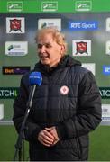 7 May 2021; Sligo Rovers manager Liam Buckley is interviewed by RTÉ before the SSE Airtricity League Premier Division match between Dundalk and Sligo Rovers at Oriel Park in Dundalk, Louth. Photo by Ben McShane/Sportsfile
