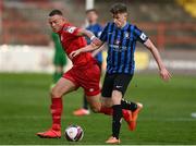 7 May 2021; Jamie Hollywood of Athlone Town in action against Michael O'Connor of Shelbourne during the SSE Airtricity League First Division match between Shelbourne and Athlone Town at Tolka Park in Dublin.  Photo by Harry Murphy/Sportsfile