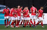 7 May 2021; Sligo Rovers players celebrate after their side's first goal, scored by Jordan Gibson, third from left, during the SSE Airtricity League Premier Division match between Dundalk and Sligo Rovers at Oriel Park in Dundalk, Louth. Photo by Ben McShane/Sportsfile