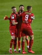 7 May 2021; Shelbourne players, from left, Kevin O'Connor, Brendan Clarke and Michael O'Connor celebrate following their side's victory in the SSE Airtricity League First Division match between Shelbourne and Athlone Town at Tolka Park in Dublin.  Photo by Harry Murphy/Sportsfile