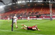 7 May 2021; Andrew Conway of Munster scores his side's seventh try during the Guinness PRO14 Rainbow Cup match between Munster and Ulster at Thomond Park in Limerick. Photo by Ramsey Cardy/Sportsfile