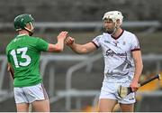 8 May 2021; Gearoid McInerney of Galway with Niall O'Brien of Westmeath after the Allianz Hurling League Division 1 Group A Round 1 match between Westmeath and Galway at TEG Cusack Park in Mullingar, Westmeath. Photo by Eóin Noonan/Sportsfile