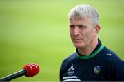 8 May 2021; Limerick manager John Kiely speaking to eir Sport before the Allianz Hurling League Division 1 Group A Round 1 match between Limerick and Tipperary at LIT Gaelic Grounds in Limerick. Photo by Stephen McCarthy/Sportsfile