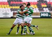8 May 2021; Danny Mandroiu of Shamrock Rovers, right,  celebrates after scoring his side's second goal with team-mates including Roberto Lopes during the SSE Airtricity League Premier Division match between St Patrick's Athletic and Shamrock Rovers at Richmond Park in Dublin. Photo by Harry Murphy/Sportsfile