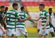 8 May 2021; Lee Grace, left, and Gary O'Neill of Shamrock Rovers embrace following their side's victory in the SSE Airtricity League Premier Division match between St Patrick's Athletic and Shamrock Rovers at Richmond Park in Dublin. Photo by Harry Murphy/Sportsfile