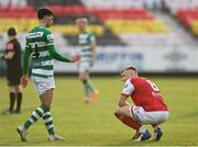 8 May 2021; Jamie Lennon of St Patrick's Athletic looks dejected as Danny Mandroiu of Shamrock Rovers goes to shake his hand after the SSE Airtricity League Premier Division match between St Patrick's Athletic and Shamrock Rovers at Richmond Park in Dublin. Photo by Harry Murphy/Sportsfile