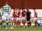 8 May 2021; St Patrick's Athletic players protest to referee Derek Michael Tomney during the SSE Airtricity League Premier Division match between St Patrick's Athletic and Shamrock Rovers at Richmond Park in Dublin. Photo by Eóin Noonan/Sportsfile