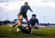8 May 2021; Hugo Keenan of Leinster scores his side's seventh try despite the attempted tackle from Sean O’Brien of Connacht during the Guinness PRO14 Rainbow Cup match between Connacht and Leinster at The Sportsground in Galway.  Photo by David Fitzgerald/Sportsfile
