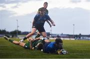 8 May 2021; Hugo Keenan of Leinster scores his side's seventh try despite the attempted tackle from Sean O’Brien of Connacht during the Guinness PRO14 Rainbow Cup match between Connacht and Leinster at The Sportsground in Galway.  Photo by David Fitzgerald/Sportsfile