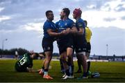 8 May 2021; Hugo Keenan of Leinster, centre, is congratulated by team-mates Cian Kelleher, left, and Josh van der Flier after scoring his side's seventh try during the Guinness PRO14 Rainbow Cup match between Connacht and Leinster at The Sportsground in Galway.  Photo by David Fitzgerald/Sportsfile