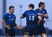 8 May 2021; Jordan Larmour, left, Garry Ringrose, centre, and Ryan Baird of Leinster celebrate following the Guinness PRO14 Rainbow Cup match between Connacht and Leinster at The Sportsground in Galway.  Photo by David Fitzgerald/Sportsfile