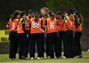 9 May 2021; Scorchers players speak after taking the wicket of Louise Little of Typhoons during the third match of the Arachas Super 50 Cup between Scorchers and Typhoons at Rush Cricket Club in Rush, Dublin. Photo by Harry Murphy/Sportsfile