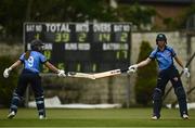 9 May 2021; Sarah Forbes of Typhoons, left, is acknowledged by team-mate Orla Prendergast after hitting a four during the third match of the Arachas Super 50 Cup between Scorchers and Typhoons at Rush Cricket Club in Rush, Dublin. Photo by Harry Murphy/Sportsfile