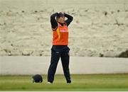 9 May 2021; Cara Murray of Scorchers reacts during the third match of the Arachas Super 50 Cup between Scorchers and Typhoons at Rush Cricket Club in Rush, Dublin. Photo by Harry Murphy/Sportsfile
