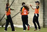 9 May 2021; Shauna Kavanagh, left, and Gaby Lewis, right, of Scorchers, celebrate running out Sarah Forbes of Typhoons during the third match of the Arachas Super 50 Cup between Scorchers and Typhoons at Rush Cricket Club in Rush, Dublin. Photo by Harry Murphy/Sportsfile