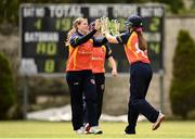 9 May 2021; Cara Murray, left, and Shauna Kavanagh of Scorchers celebrate bowling out Georgina Dempsey of Typhoons during the third match of the Arachas Super 50 Cup between Scorchers and Typhoons at Rush Cricket Club in Rush, Dublin. Photo by Harry Murphy/Sportsfile