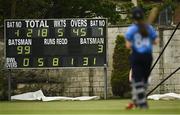9 May 2021; The scoreboard is seen as Orla Prendergast of Typhoons waits to reach her 100 during the third match of the Arachas Super 50 Cup between Scorchers and Typhoons at Rush Cricket Club in Rush, Dublin. Photo by Harry Murphy/Sportsfile