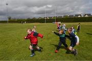 9 May 2021; DJ Harrington, left, Michael Ledwith, centre, and Harry McHugh during Longford Minis rugby training at Longford RFC in Longford. Photo by Ramsey Cardy/Sportsfile