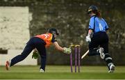 9 May 2021; Maria Kerrison of Typhoons is ran out by Shauna Kavanagh of Scorchers during the third match of the Arachas Super 50 Cup between Scorchers and Typhoons at Rush Cricket Club in Rush, Dublin. Photo by Harry Murphy/Sportsfile