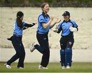 9 May 2021; Amy Hunter of Typhoons, right, celebrates the wicket of Gaby Lewis of Scorchers during the third match of the Arachas Super 50 Cup between Scorchers and Typhoons at Rush Cricket Club in Rush, Dublin. Photo by Harry Murphy/Sportsfile