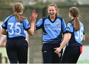 9 May 2021; Louise Little of Typhoons, centre, celebrates catching out Caoimhe McCann of Scorchers with team-mates during the third match of the Arachas Super 50 Cup between Scorchers and Typhoons at Rush Cricket Club in Rush, Dublin. Photo by Harry Murphy/Sportsfile