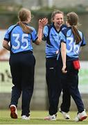 9 May 2021; Louise Little of Typhoons, centre, celebrates catching out Caoimhe McCann of Scorchers with team-mates during the third match of the Arachas Super 50 Cup between Scorchers and Typhoons at Rush Cricket Club in Rush, Dublin. Photo by Harry Murphy/Sportsfile