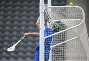 9 May 2021; Waterford goalkeeper Billy Nolan holds onto the crossbar as the ball goes over for a Cork point during the Allianz Hurling League Division 1 Group A Round 1 match between Cork and Waterford at Páirc Ui Chaoimh in Cork. Photo by Piaras Ó Mídheach/Sportsfile